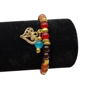 Colorful Glass Bohemian Heart Charm Beaded Bracelet Gold Tone Stretch Wrist Sz 6